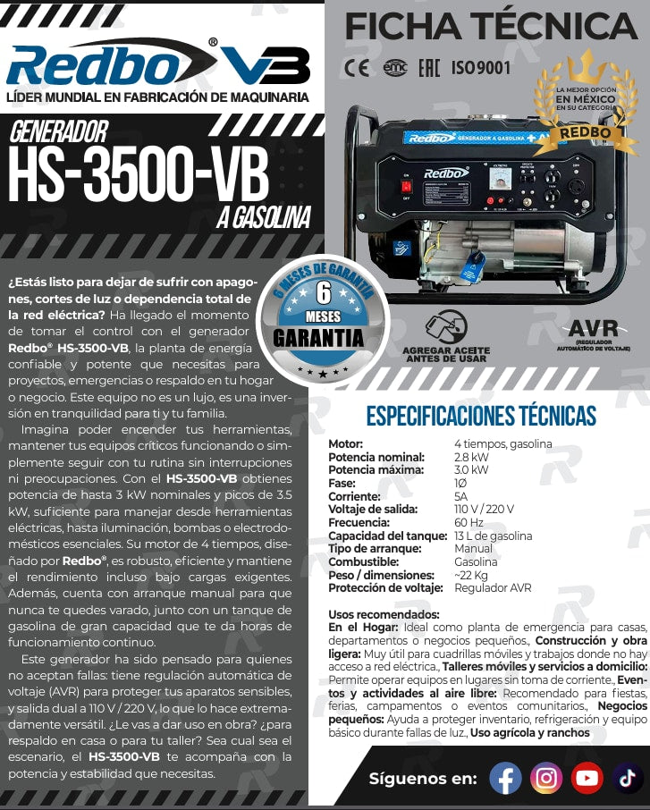 Generador A Gasolina REDBO HS3500-VB – vista 5