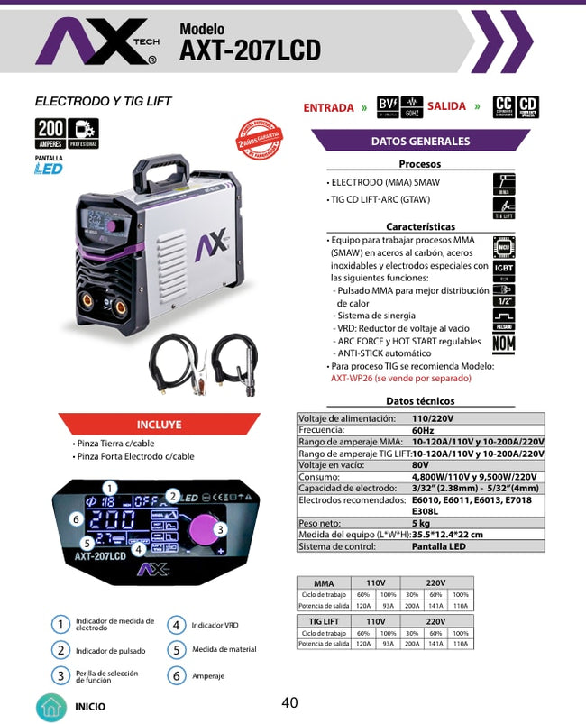 Soldadora Inversor Electrodo Y TIG LIFT 200A, Bi Voltaje 110-220V Con Pantalla LCD Ax Tech AXT-207LCD – vista 5