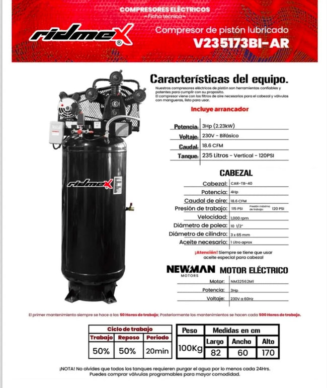 Compresor de pistón Ridmex 235 lts 120 psi – vista 4