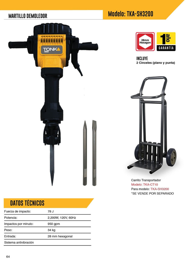 Tka-sh3200 martillo Demoledor 30kg 2200w, 79j C/2 Cinceles Color Amarillo – vista 4