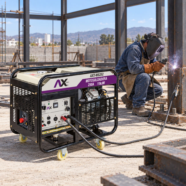 Motosoldadora a gasolina AxTech AXT-MS252 250 A 23 HP en uso