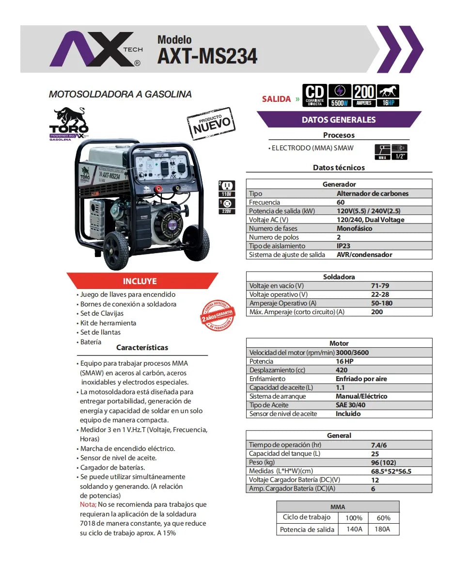 Motosoldadora AXTECH 200a Generador 5500w Simultáneos 16hp AXT-MS234