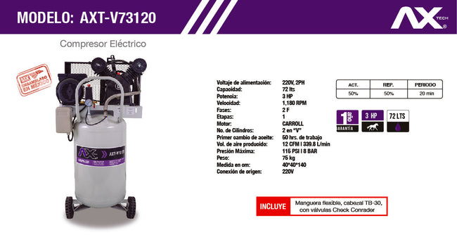 Compresor Vertical 72Lts Cabezal 2 Pistones EN V Motor Carroll 3HP, 110-220V, Ax Tech AXT-V73120 – vista 6