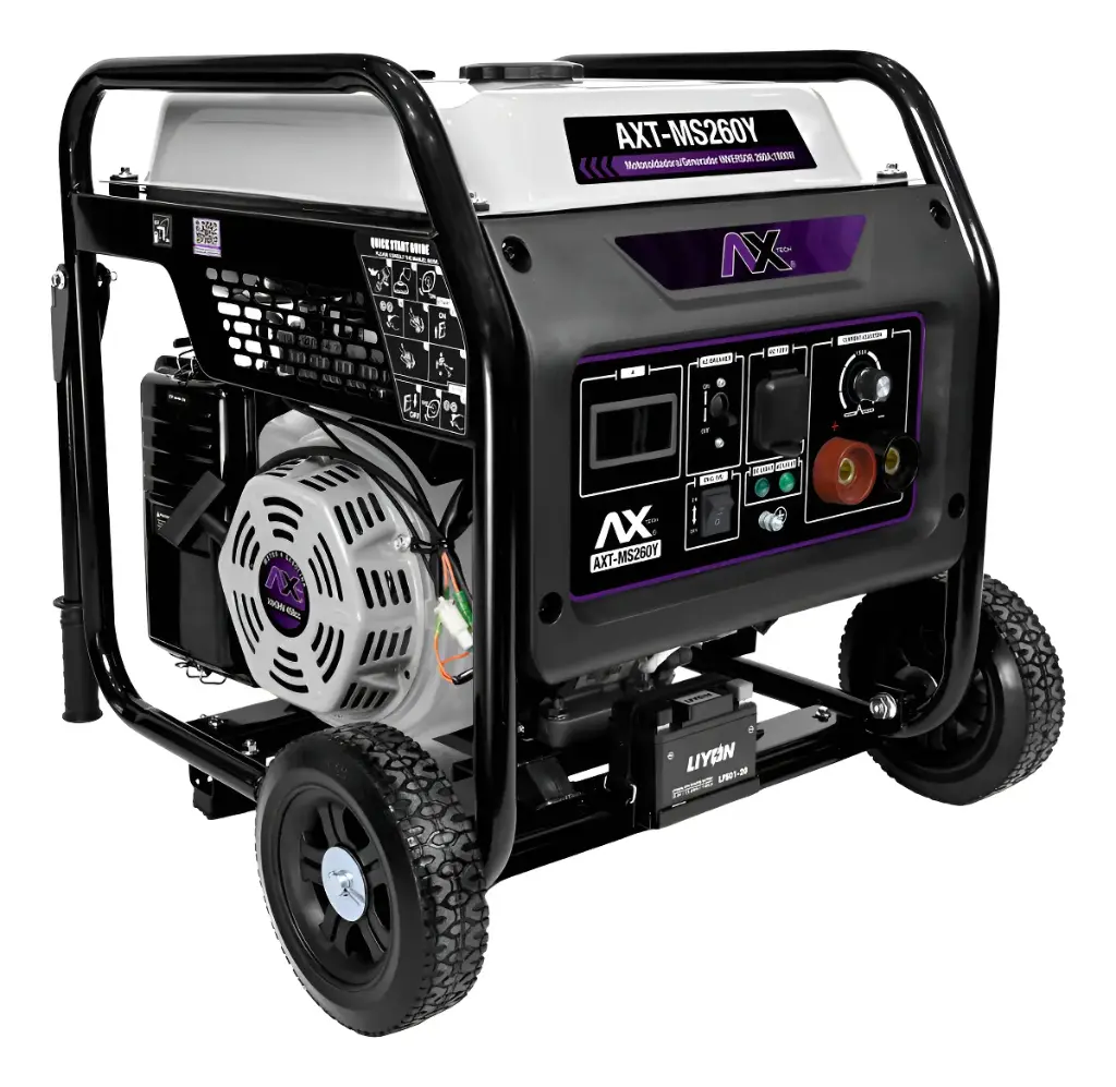 Motosoldadora a gasolina inverter, 260 A, 110 V, 60 Hz, 14 HP, 1800 W, con marcha y batería AxTech AXT-MS260Y