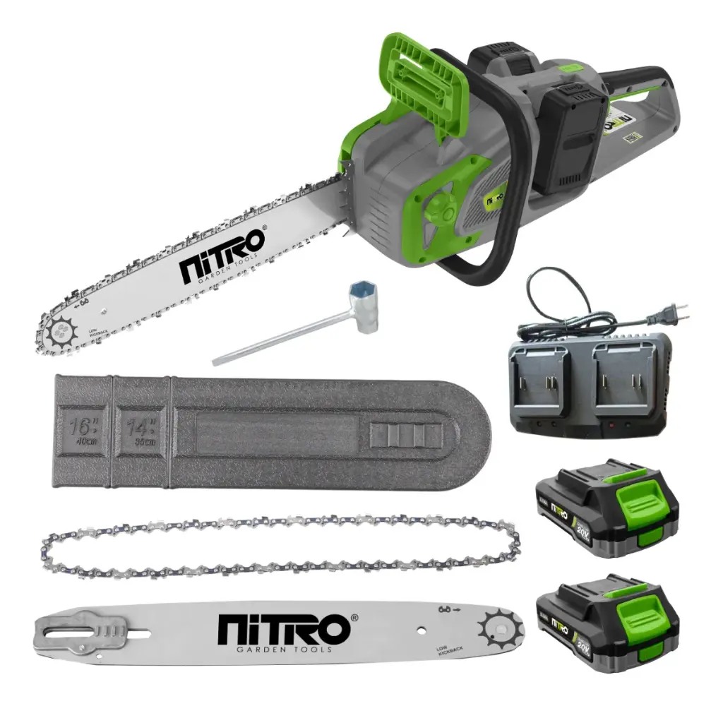 Motosierra inalámbrica 1200 W, brushless, barra de 16", 2 baterías 20 V, cargador doble Nitro NIT-MSB106 