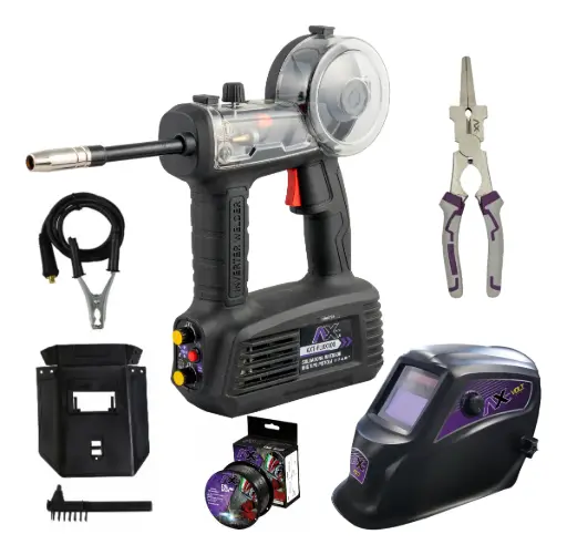 [AXT-FLUX100-C1] Combo Pistola de Microalambre de 100A, No Gas (Flux) con Rollo de Microalambre 1KG, Pinzas para Soldador y Careta Axtech AXT-FLUX100-C1