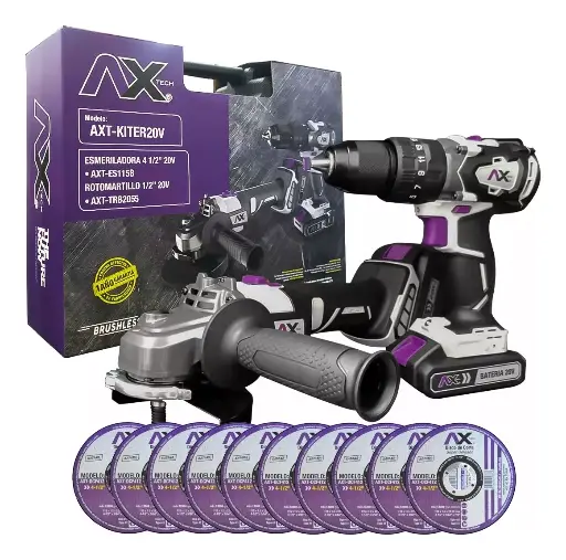 [AXT-KITER20V] Combo Esmeriladora Y Taladro En Maleta Plástica Y 10 Discos 4 1/2" Ax tech AXT-KITER20V