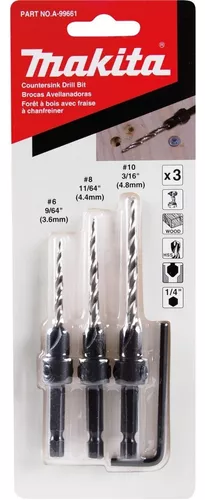 [A-99661] Juego de Brocas 3 Pzas Avellanador para Madera Hex. 1/4" (9/64''-#6, 11/64''-#8, 3/16''-#10) Makita A-99661 