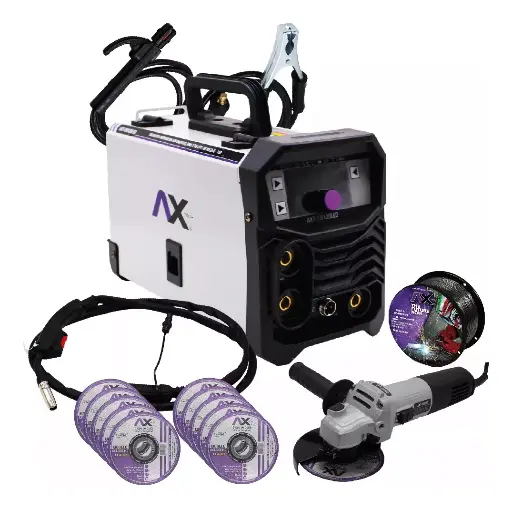 [AXT-EM120LED-C1] Combo Soldadora Inversor Microalambre 1 Kg / Electrodo Y TIG LIFT 120A, 110/220 Con Esmeriladora, 10 Discos Y Rollo De 1 Kg AXT-EM120LED-C1