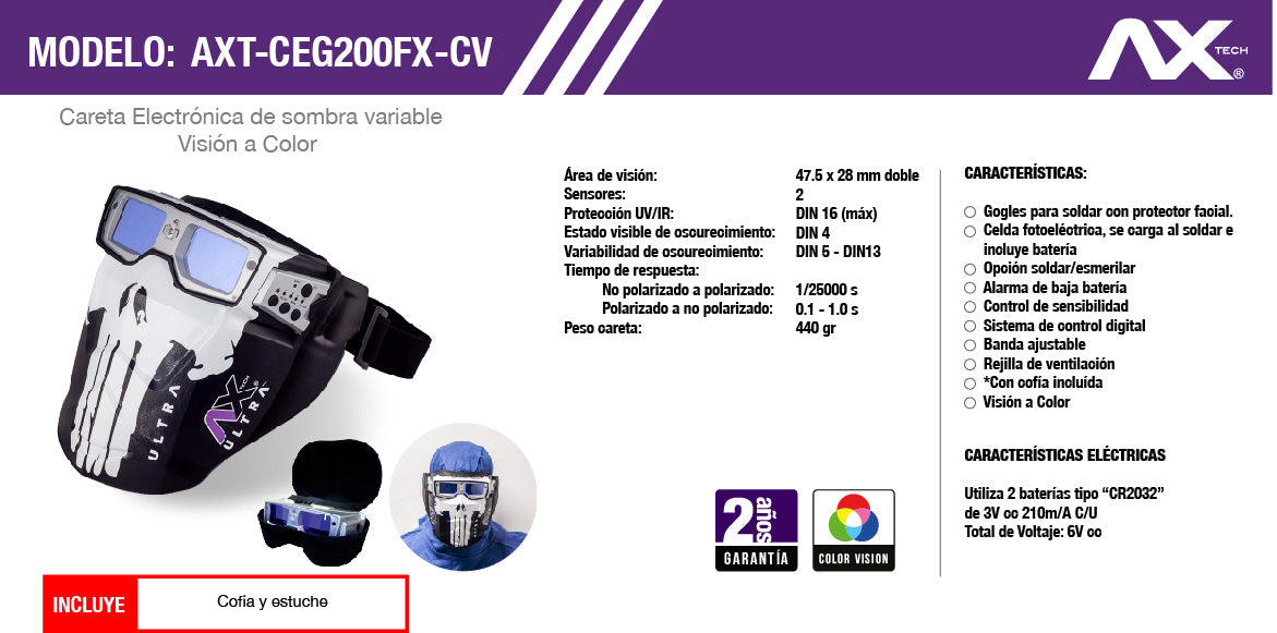 Googles Electrónicos para Soldar de Sombra variable con Protector Facial AXT-CEG200FX-CV