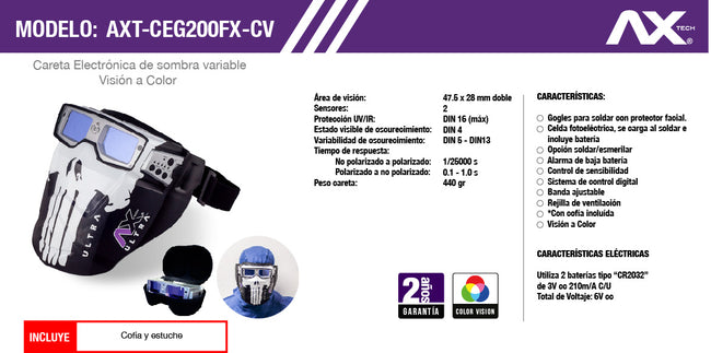 Googles Electrónicos para Soldar de Sombra variable con Protector Facial AXT-CEG200FX-CV