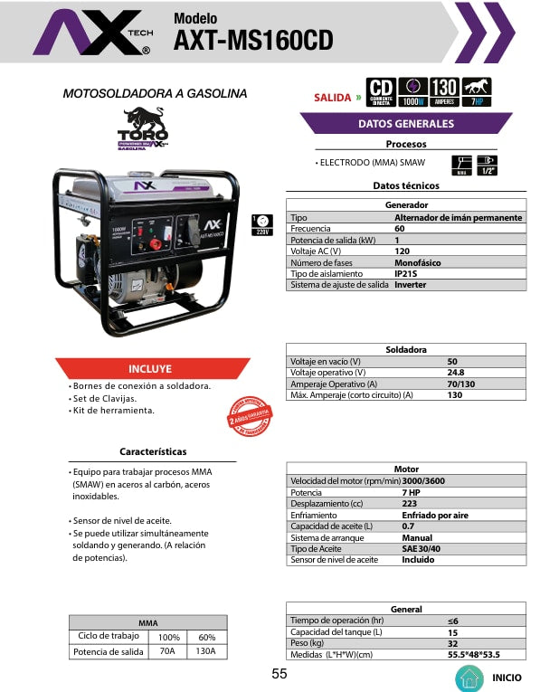 Combo Motosoldadora gasolina 70/130 A, 110 V/60 Hz, 7 HP, 1,000 W AXT-MS160CD, corriente directa – vista 4