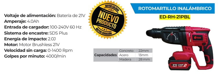 Rompedor SDS PLUS Inalámbrico 2.0J Brushless EDON ED-RH-21PBL