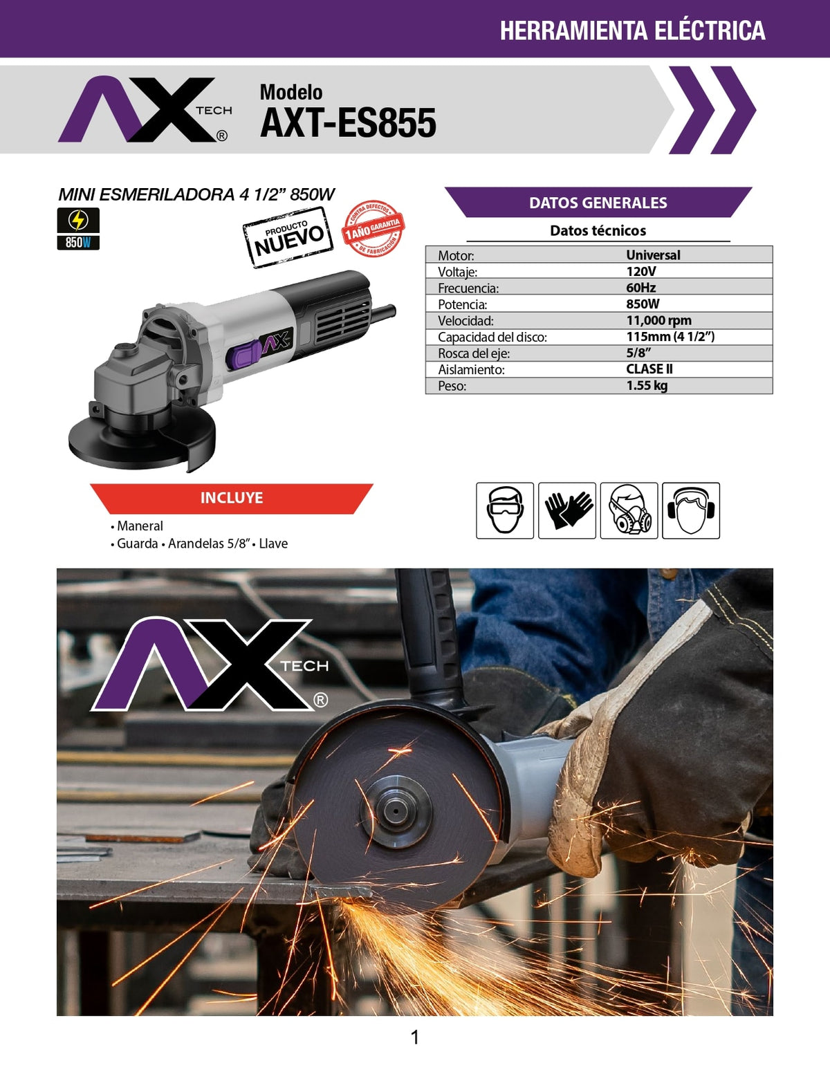 Kit Mini Esmeriladora Axtech 4 1/2 850w + 10 Discos De Corte AXT-ES855-C1