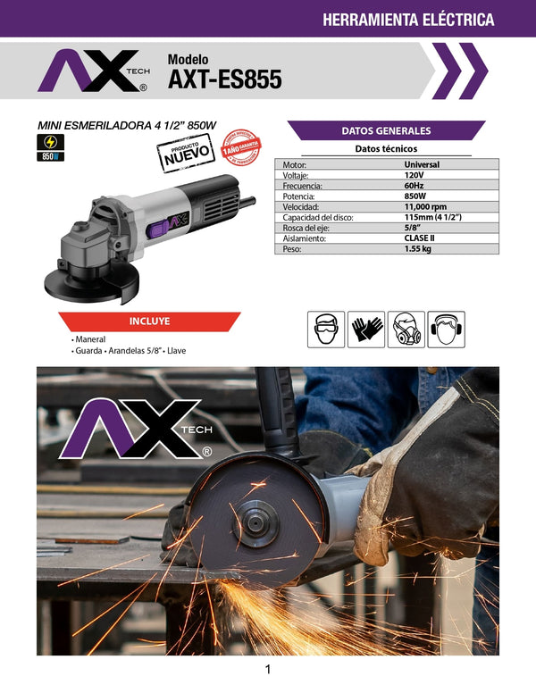 Ficha técnica del fabricante de la mini esmeriladora AxTech AXT-ES855 4 1/2 pulgadas 850 W