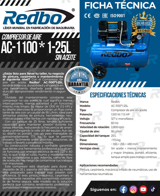 Compresora de Aire Sin Aceite, AC-1100*1-25L, Redbo