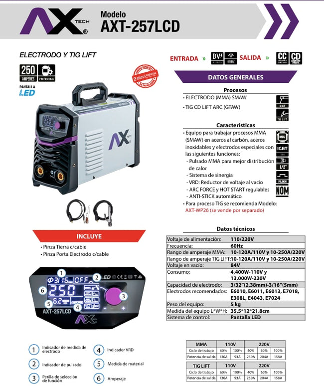 Soldadora Inversora Electrodo y TIG LIFT Bi-Voltaje Ax Tech AXT-257LCD – vista 5