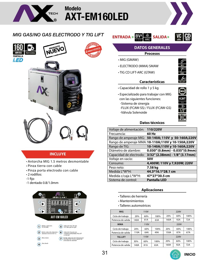 Soldadora Inversor Mig/Mag, Electrodo y Tig Lift, 160A, Con Pantalla LED BI Voltaje, AXT-EM160LED