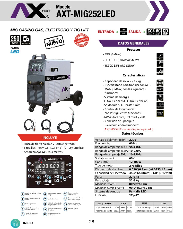 Soldadora Inversor MIG/MAG Electrodo TIG LIFT 250A 220V 2 Fases con Antorcha MIG25 AXT-MIG252LED