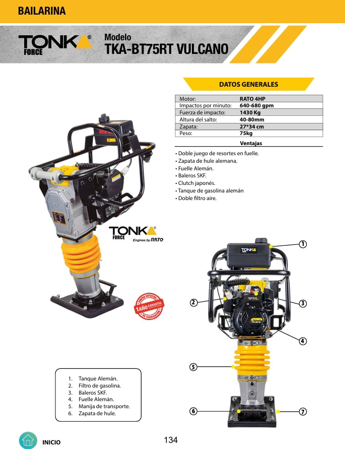 Bailarina 75Kgs Motor Rato 4HP, 1,430Kgs de Fuerza de Impacto Tonka TKA-BT75RT VULCANO