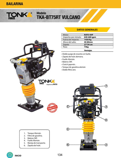 Bailarina 75Kgs Motor Rato 4HP, 1,430Kgs de Fuerza de Impacto Tonka TKA-BT75RT VULCANO