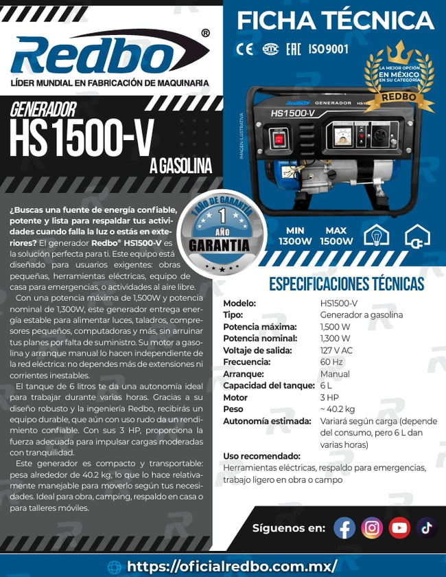 Generador Redbo, HS1500-V