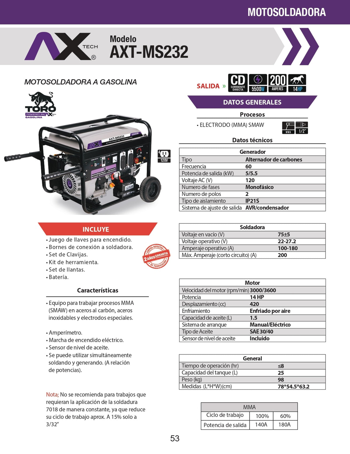 Motosoldadora Gasolina 200A, 110V/60Hz, 14HP, 5,500Wtts, Con Marcha, Bateria Y Llantas Ax Tech AXT-MS232 – vista 5