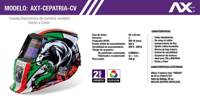 Careta Electrónica Para Soldar De Sombra Variable Profesional, 2 Sensores Ax Tech AXT-CEPATRIA-CV – vista 5