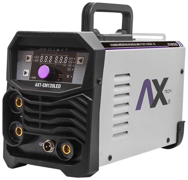 Soldadora inversora AxTech AXT-EM120LED 120 A, vista 3/4 con panel LED