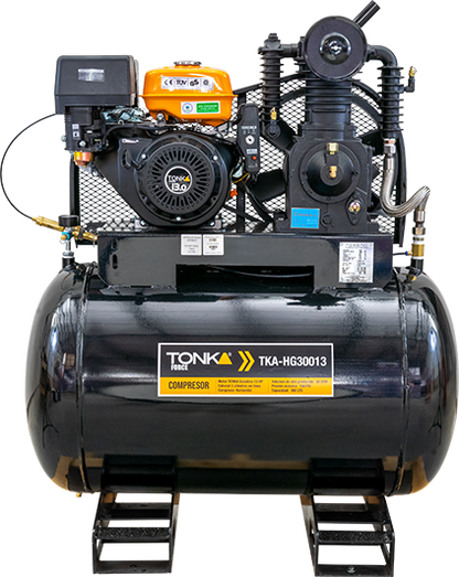 COMPRESOR HORIZONTAL 300 Lts CABEZAL 2 PISTONES EN LINEA MOTOR TONKA GASOLINA 13 HP CON MARCHA