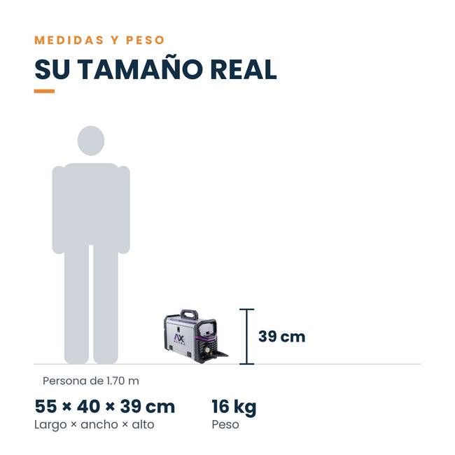 Soldadora 4 en 1 AxTech AXT-EMTP200MULTITASK: medidas y peso junto a una persona de 1.70 m