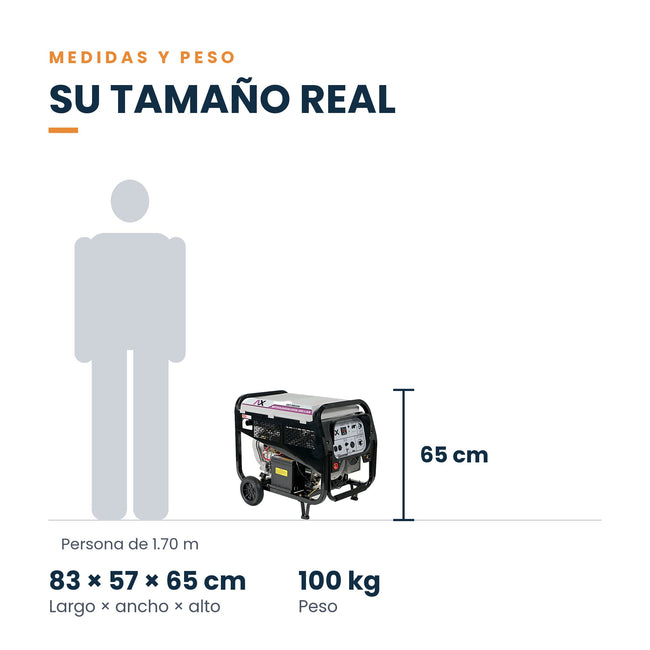 Motosoldadora diésel AxTech AXT-MD200 200 A: medidas y peso junto a una persona de 1.70 m
