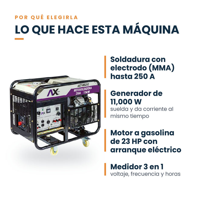 Motosoldadora a gasolina AxTech AXT-MS252 250 A 23 HP: características principales