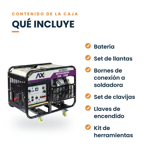 Motosoldadora a gasolina AxTech AXT-MS252 250 A 23 HP: qué incluye la caja