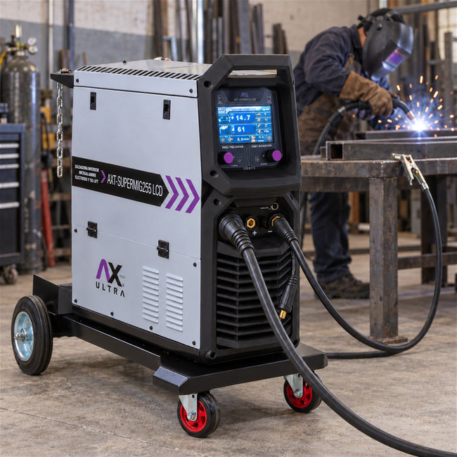 Soldadora AxTech AXT-SUPERMIG255LCD trabajando en un taller de herrería | Makishop