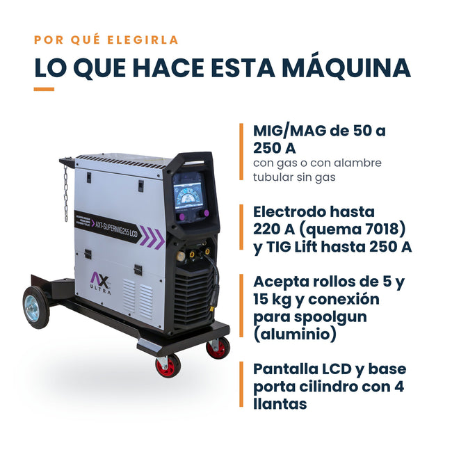Soldadora AxTech AXT-SUPERMIG255LCD 250 A 3 en 1: características principales