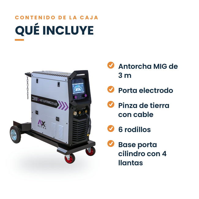 Soldadora AxTech AXT-SUPERMIG255LCD 250 A 3 en 1: qué incluye la caja