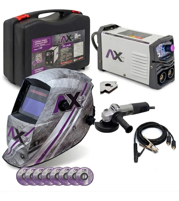 Soldadora Inversor 140a 110/220v Miniesmeril+discos AxTech + careta AXT-CEMETAL + Esquina Mag AXT-147LED-M2