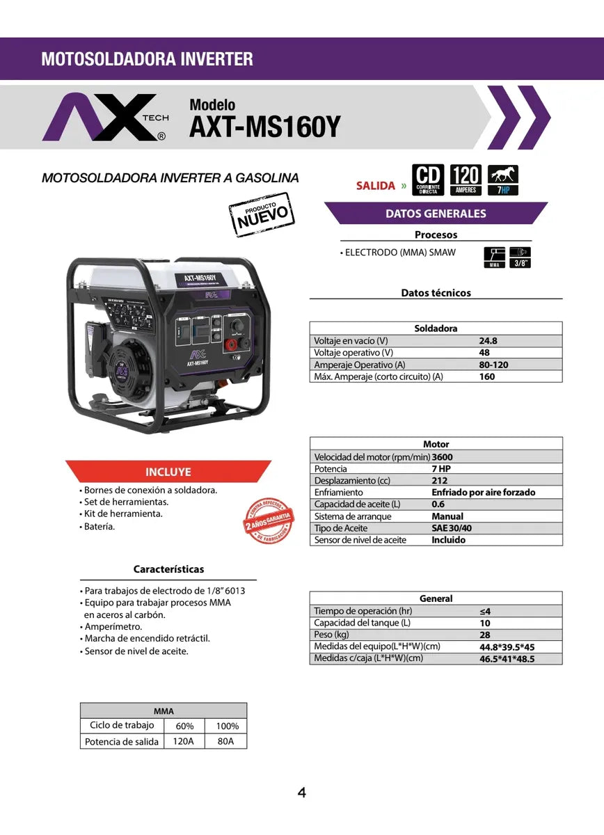 Motosoldadora Inverter A Gasolina 7hp Ax Axt-ms160y 160a 1,000Watts