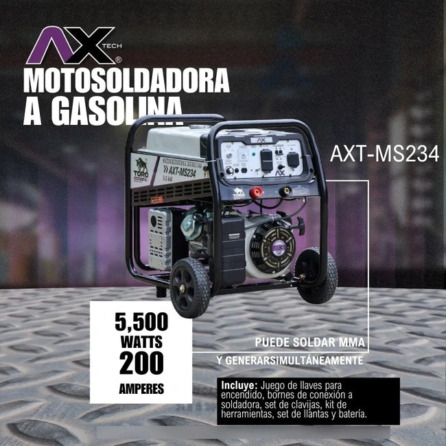 Motosoldadora a Gasolina 50-180A 120/240V 16HP Encendido Electrico, Llantas y Batería, AXT-MS234 – vista 2