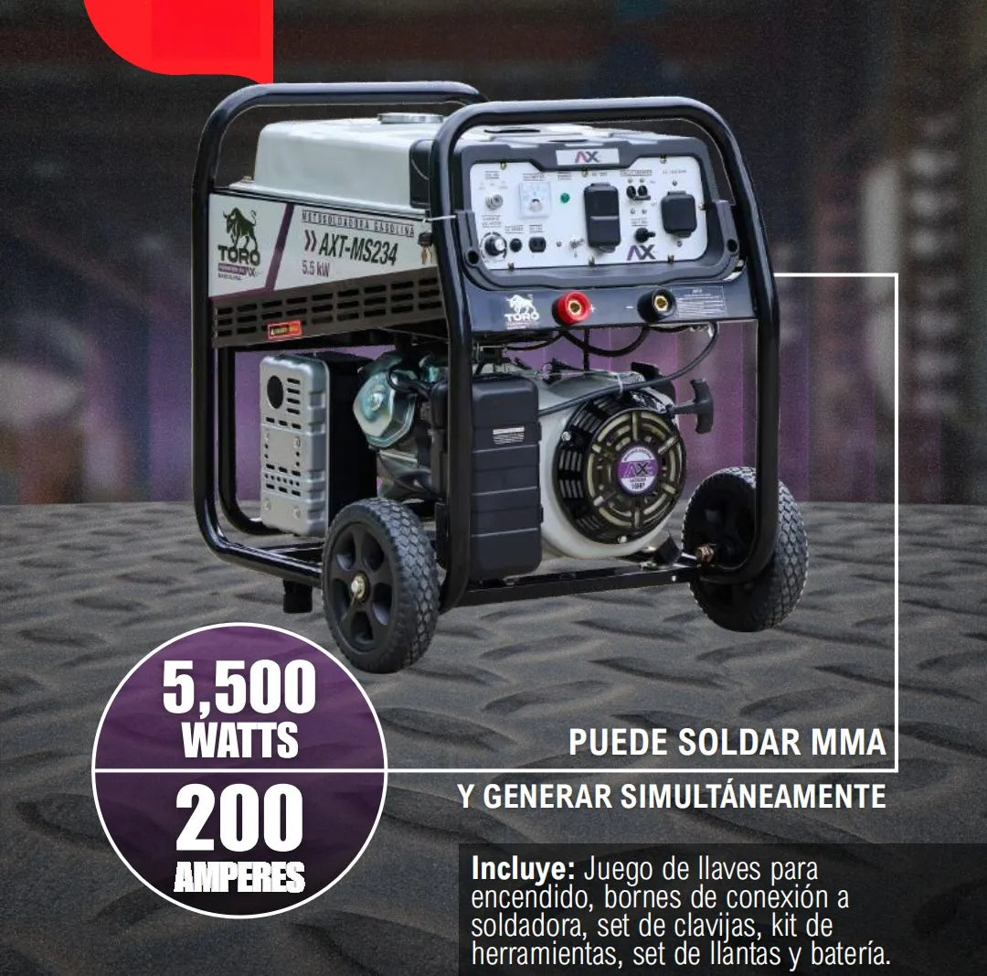 Motosoldadora AXTECH 200a Generador 5500w Simultáneos 16hp AXT-MS234