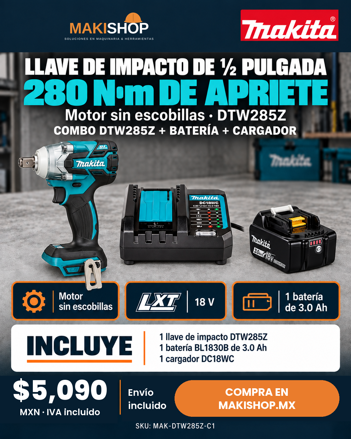 Combo llave de impacto Makita DTW285Z sin escobillas con batería BL1830B y cargador DC18WC