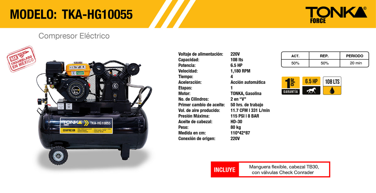 COMPRESOR HORIZONTAL 108Lts CABEZAL 2 PISTONES EN V MOTOR TONKA GASOLINA 5.5HP, 12CFM, 115PSI