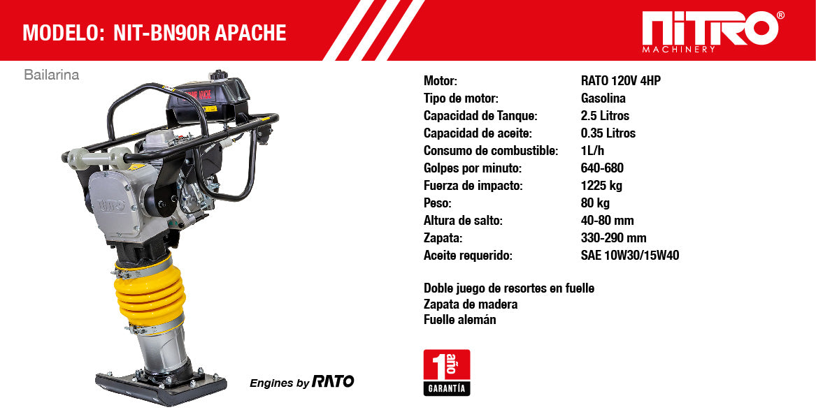 BAILARINA 75KGS MOTOR RATO 4HP, 1,430Kgs DE FUERZA DE IMPACTO