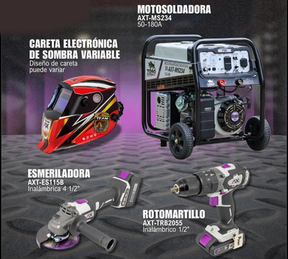 Combo Motosoldadora AXT-MS234 + Careta Electrónica de Regalo + Kit Taladro y Esmeril de Regalo AXT-MS234-C1