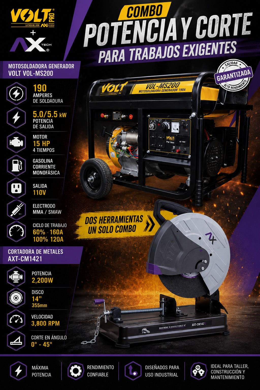 Combo motosoldadora generador Volt VOL-MS200 190A y cortadora de metales AxTech AXT-CM1421 de 14 pulgadas