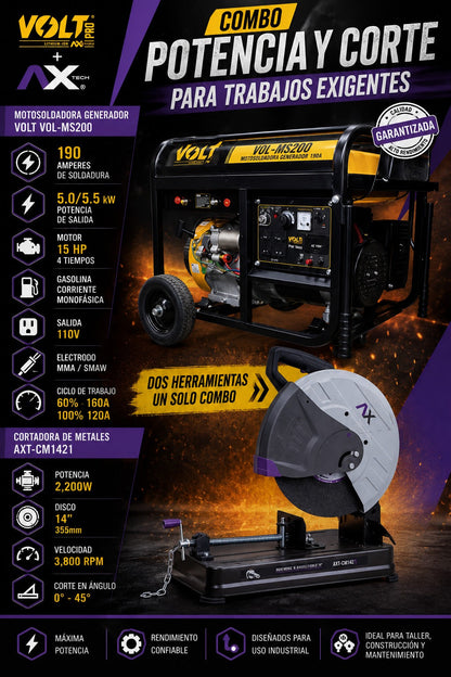 Combo motosoldadora generador Volt VOL-MS200 190A y cortadora de metales AxTech AXT-CM1421 de 14 pulgadas