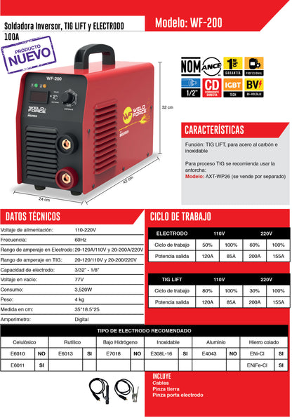 Soldadora inversora 200A bivoltaje Weld Force WF-200 para electrodo y TIG Lift