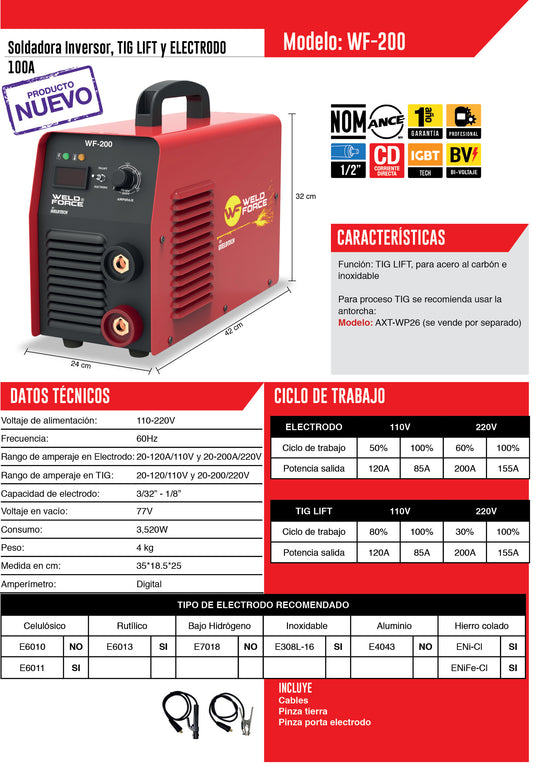 Soldadora inversora 200A bivoltaje Weld Force WF-200 para electrodo y TIG Lift
