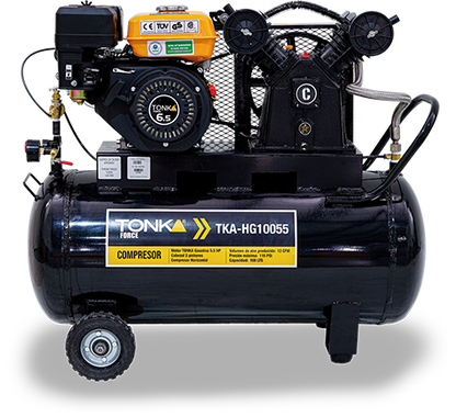 COMPRESOR HORIZONTAL 108Lts CABEZAL 2 PISTONES EN V MOTOR TONKA GASOLINA 5.5HP, 12CFM, 115PSI
